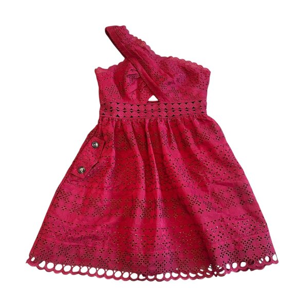 Self-Portrait One Shoulder Cranberry Red Eyelet Lace Dress A-Line Cutout Size 8 - Picture 1 of 15